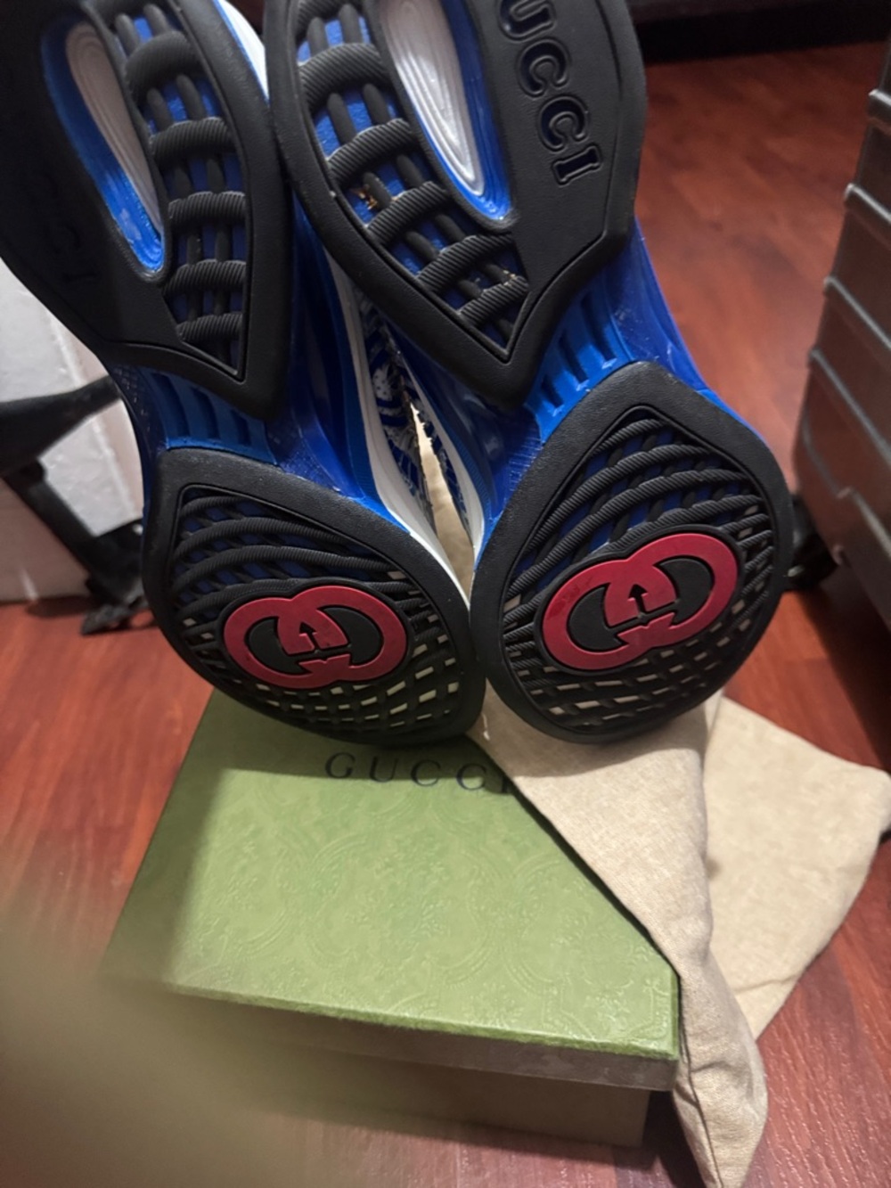 Gucci White and Blue GG Mesh Runner Sneakers - Picture 3 of 5